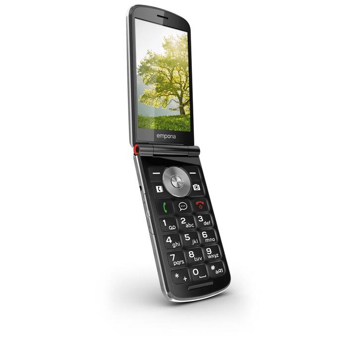 Emporia TOUCHsmart.3: telefono flip aperto, schermo con albero verde, tastiera numerica e pulsanti funzione ben visibili.