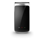 Emporia TOUCHsmart.3: vecchio stile telefono flip con grande schermo nero frontale e icone social segnalate in basso.