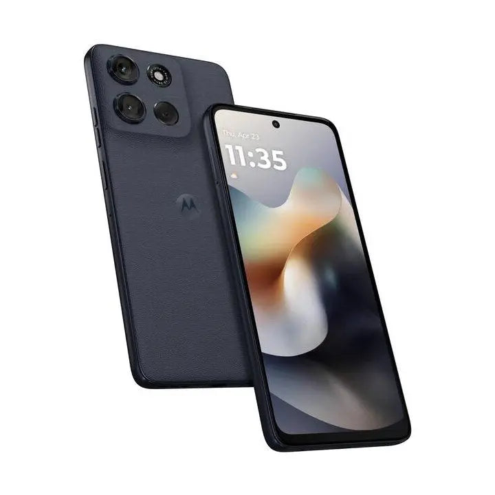 Moto G56 5G di Motorola: smartphone scorrevole con schermo frontale senza cornici e tripla fotocamera posteriore, mostrato in blu scuro.