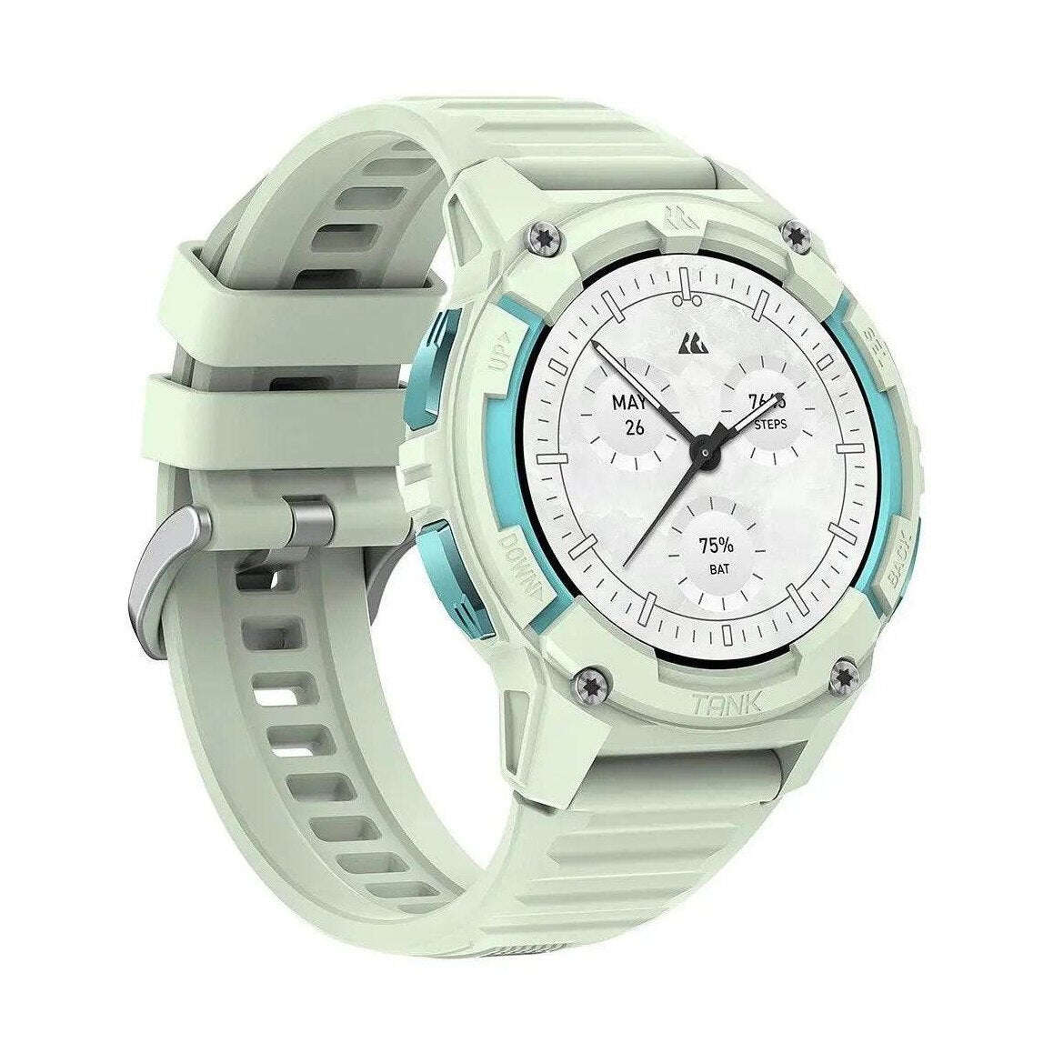 Kospet Tank S2 Smartwatch: light green digital sports watch with silicone strap, circular dial and side controls.