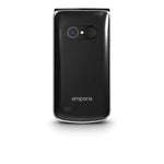 Emporia TOUCHsmart.3: retro del telefono nero con fotocamera e sensore al centro, bordi argentati e logo “emporia” sul dorso.