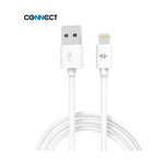 Cavo dati USB-A a Lightning bianco, lunghezza 2 m, con connettori USB-A e Lightning e logo Connect.