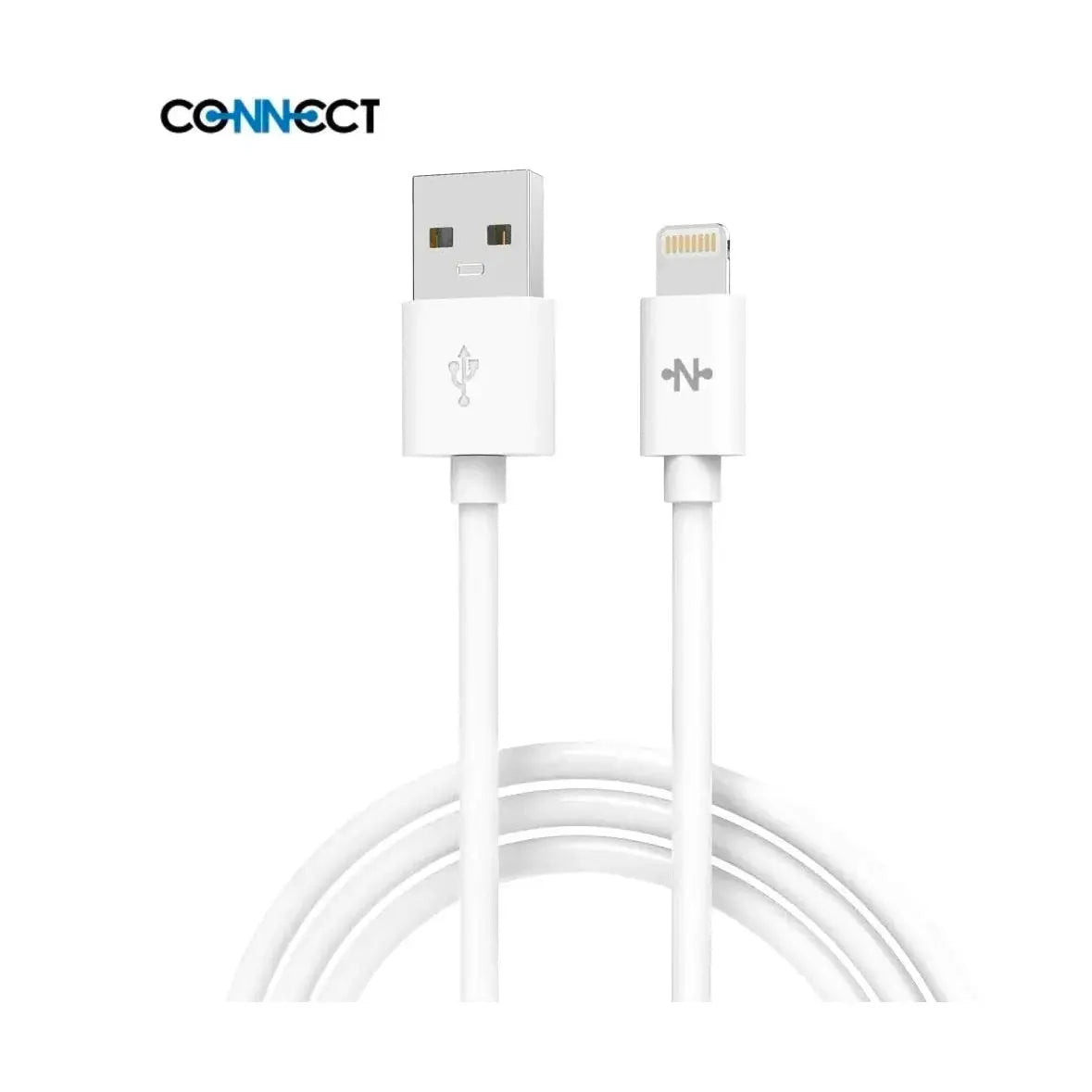 Cavo dati USB-A a Lightning bianco, lunghezza 2 m, con connettori USB-A e Lightning e logo Connect.