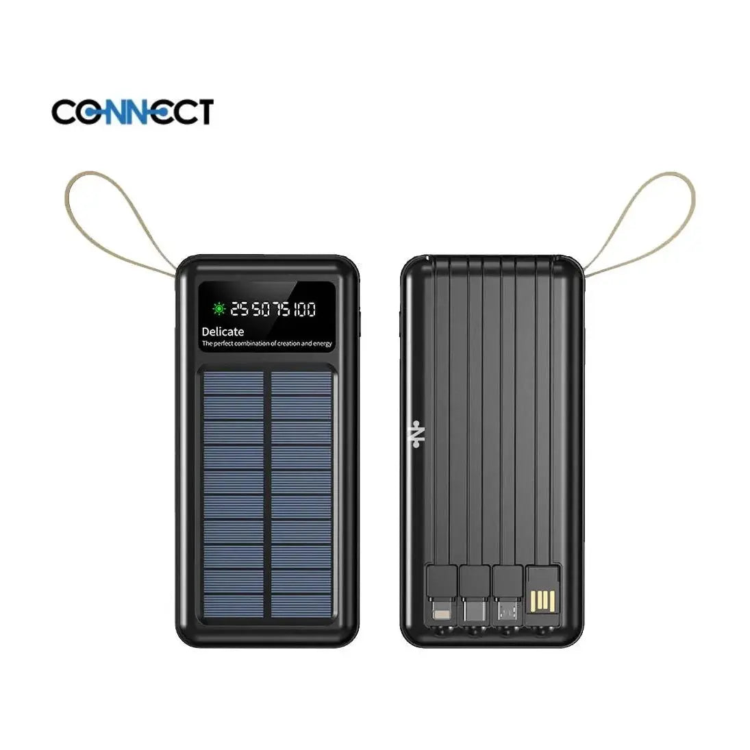 Powerbank solare da 20000mAh con display, display frontale e pannello fotovoltaico; lato posteriore con porte USB e connettori e indicatore<span> di batteria</span> (Batteria Esterna Powerbank Solare Connect 20000mAh).