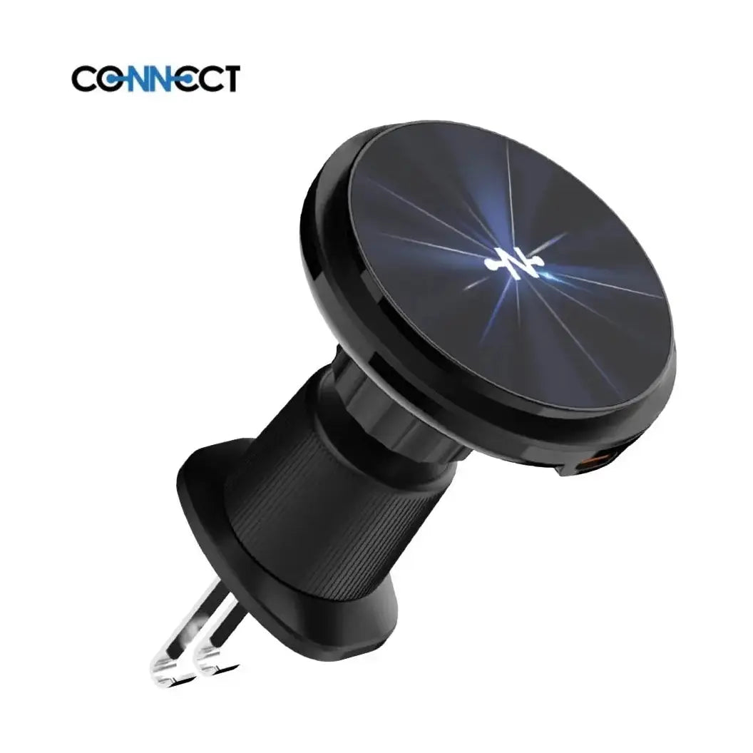 Supporto smartphone caricabatterie a induzione per auto Connect 15W: supporto magnetico rotondo con spina a 2 pin, nero, caricabatterie wireless per auto.