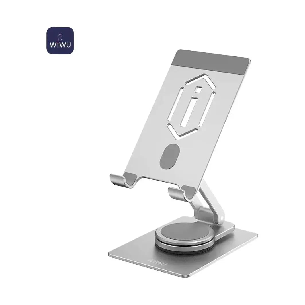 Supporto girevole per smartphone e tablet in alluminio, con base stabile e bracci regolabili per trattenere dispositivo.