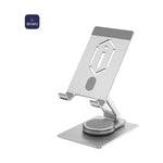 Supporto girevole per smartphone e tablet in alluminio, con base stabile e bracci regolabili per trattenere dispositivo.
