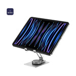 Supporto girevole per smartphone e tablet: base quadrata, braccio articolato e trasparente, fissaggio regolabile per tablet in posizione inclinata.