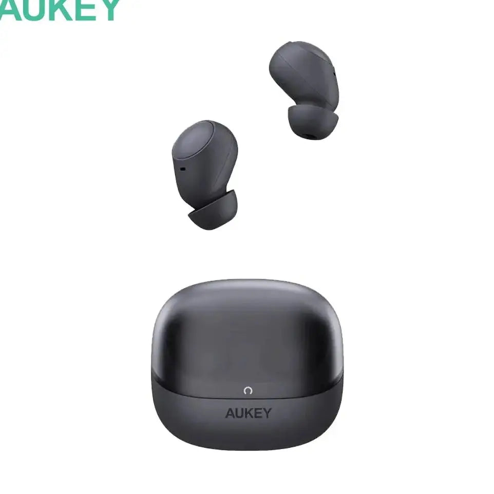 Cuffie Bluetooth AUKEY grigio con custodia di ricarica, buds wireless neri/grigi in primo piano.