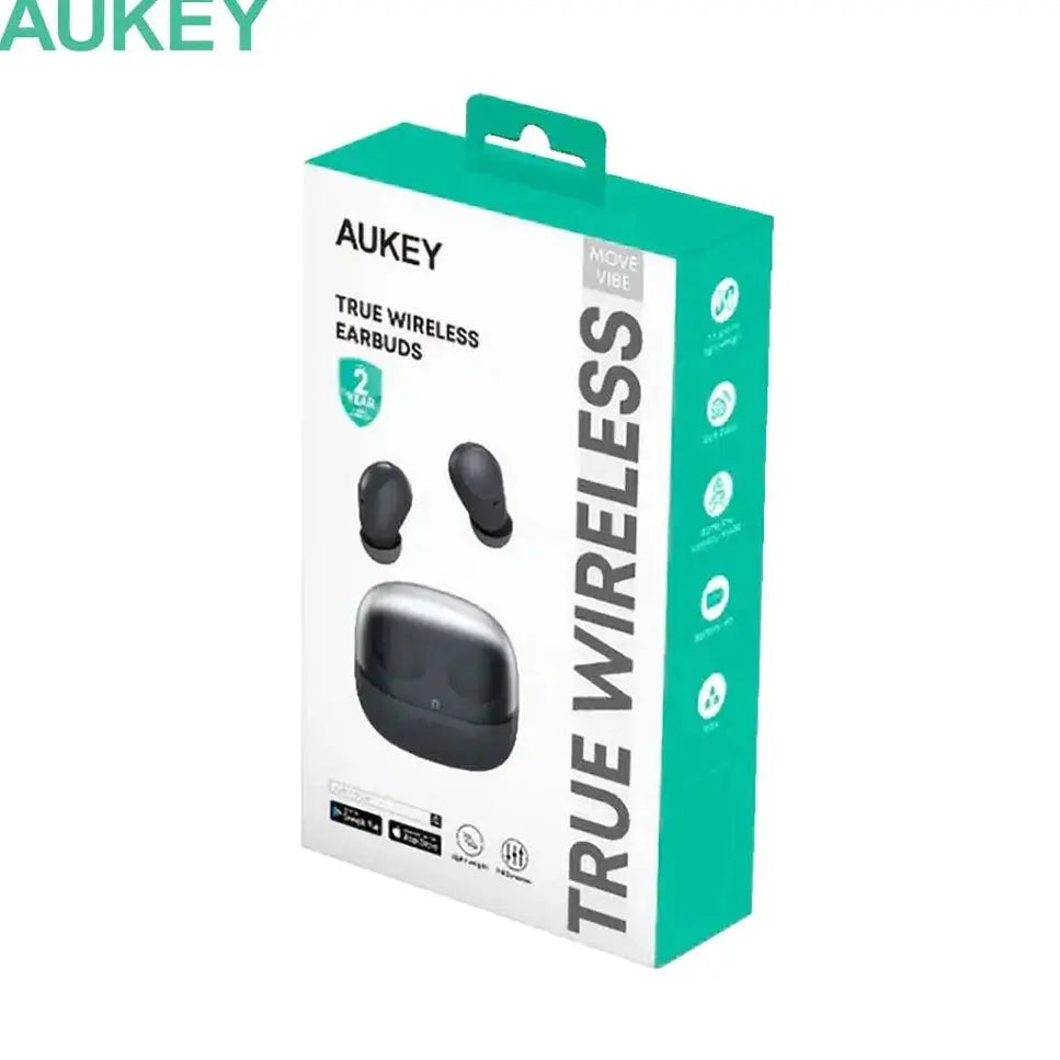 Cuffie Bluetooth AUKEY grigio: confezione aperta con box bianco e verde, mostra auricolari true wireless e custodia di ricarica.