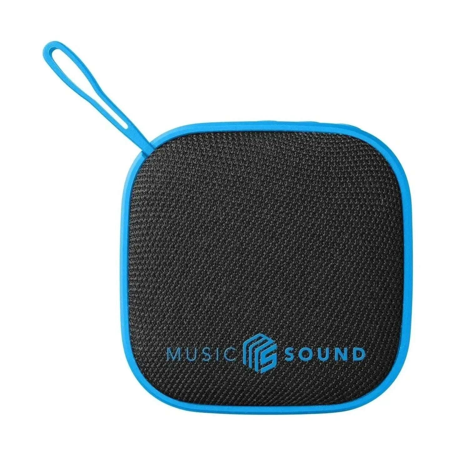Kompakter, farbenfroher Bluetooth-Lautsprecher mit schwarzem Stoffbezug und hellblauem Rahmen, Music-Sound-Logo, oberer Trageschlaufe.