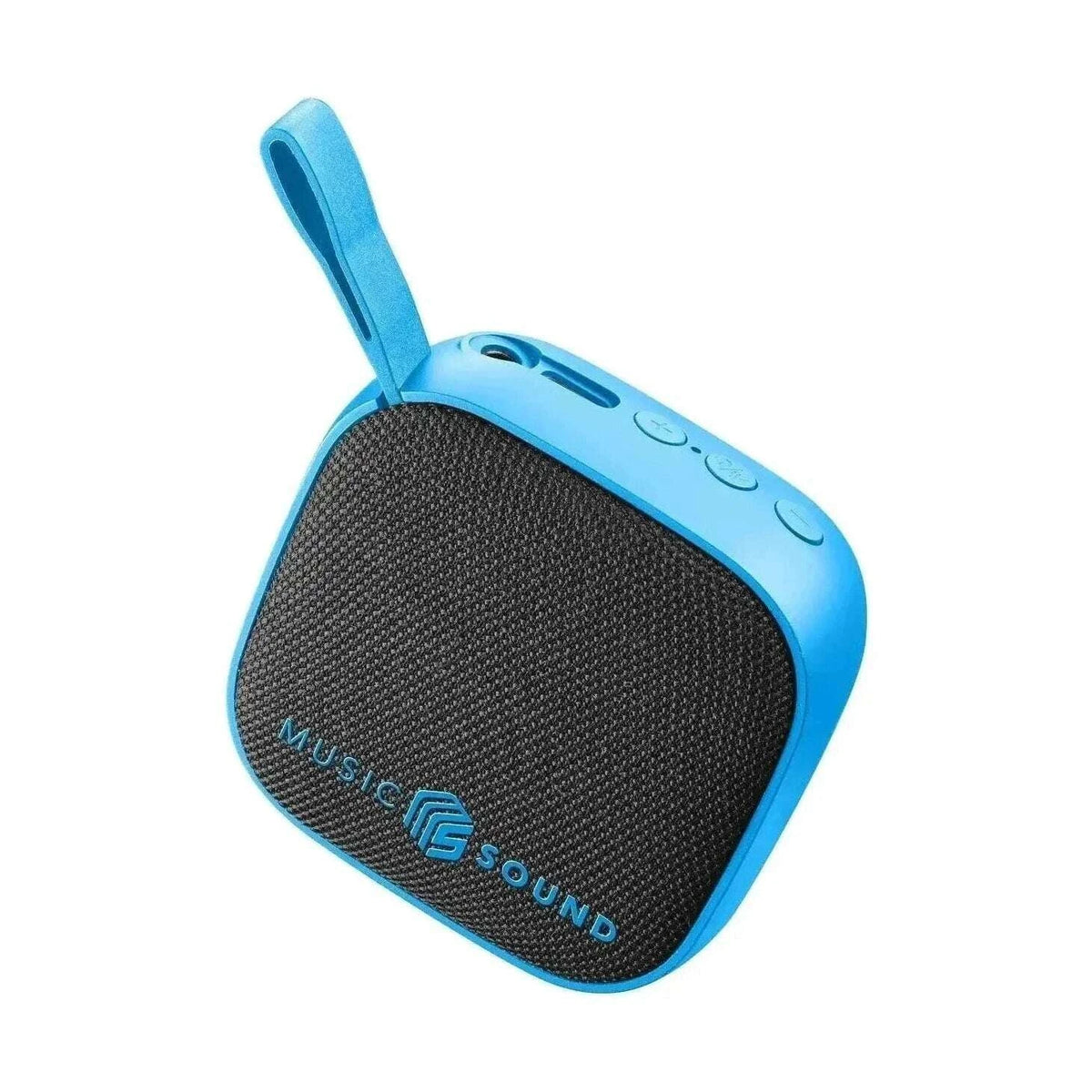 Kompakter Bluetooth-Lautsprecher in Hellblau mit warmem Latex, Mikrofon, elastischem Band und Music-Sound-Logo auf der Vorderseite.