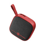 Kompakter, farbenfroher roter Bluetooth-Lautsprecher mit rutschfestem Stoff, Tastenfeld auf der Vorderseite und Band.