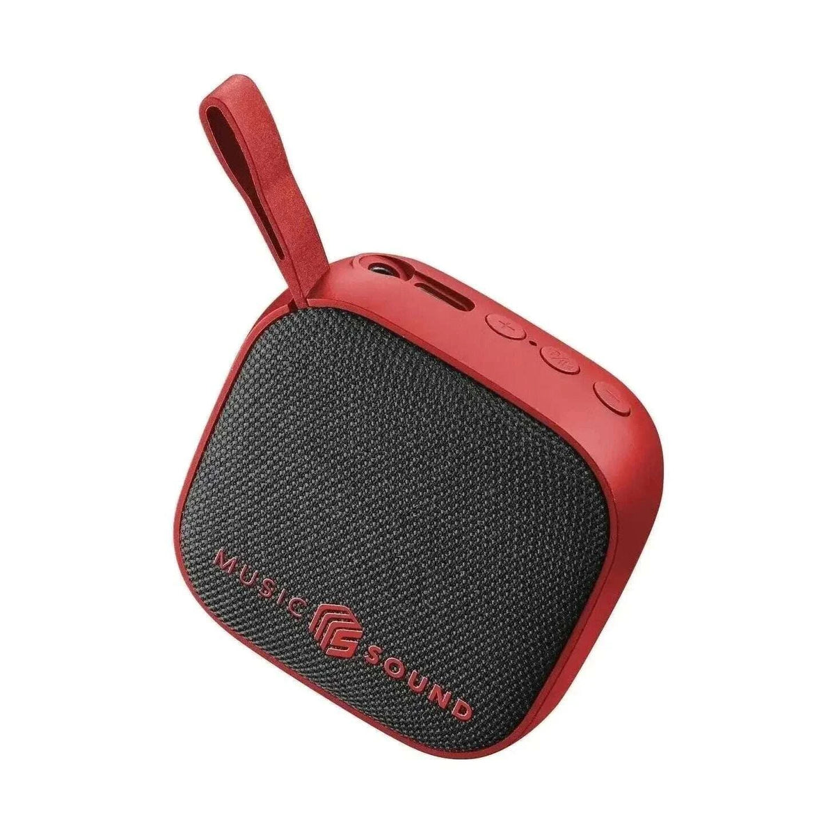 Kompakter, farbenfroher roter Bluetooth-Lautsprecher mit rutschfestem Stoff, Tastenfeld auf der Vorderseite und Band.