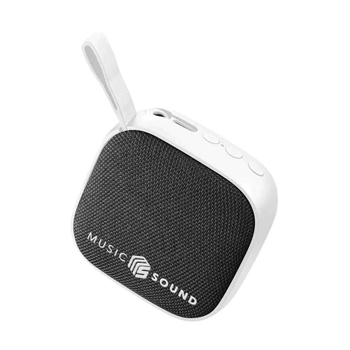 Kompakter, farbenfroher Bluetooth-Lautsprecher mit schwarzem Stoffdeckel, weißem Gehäuse, Schlaufe und oberen Bedienelementen. Musikalisch. (Kompakter Bluetooth-Speaker)