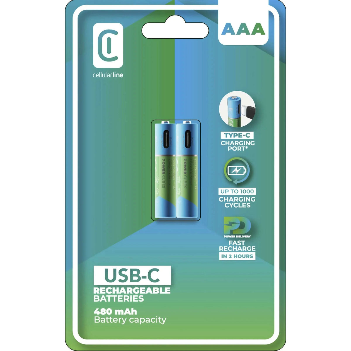 2 AAA/AA batteries rechargeable via USB-C