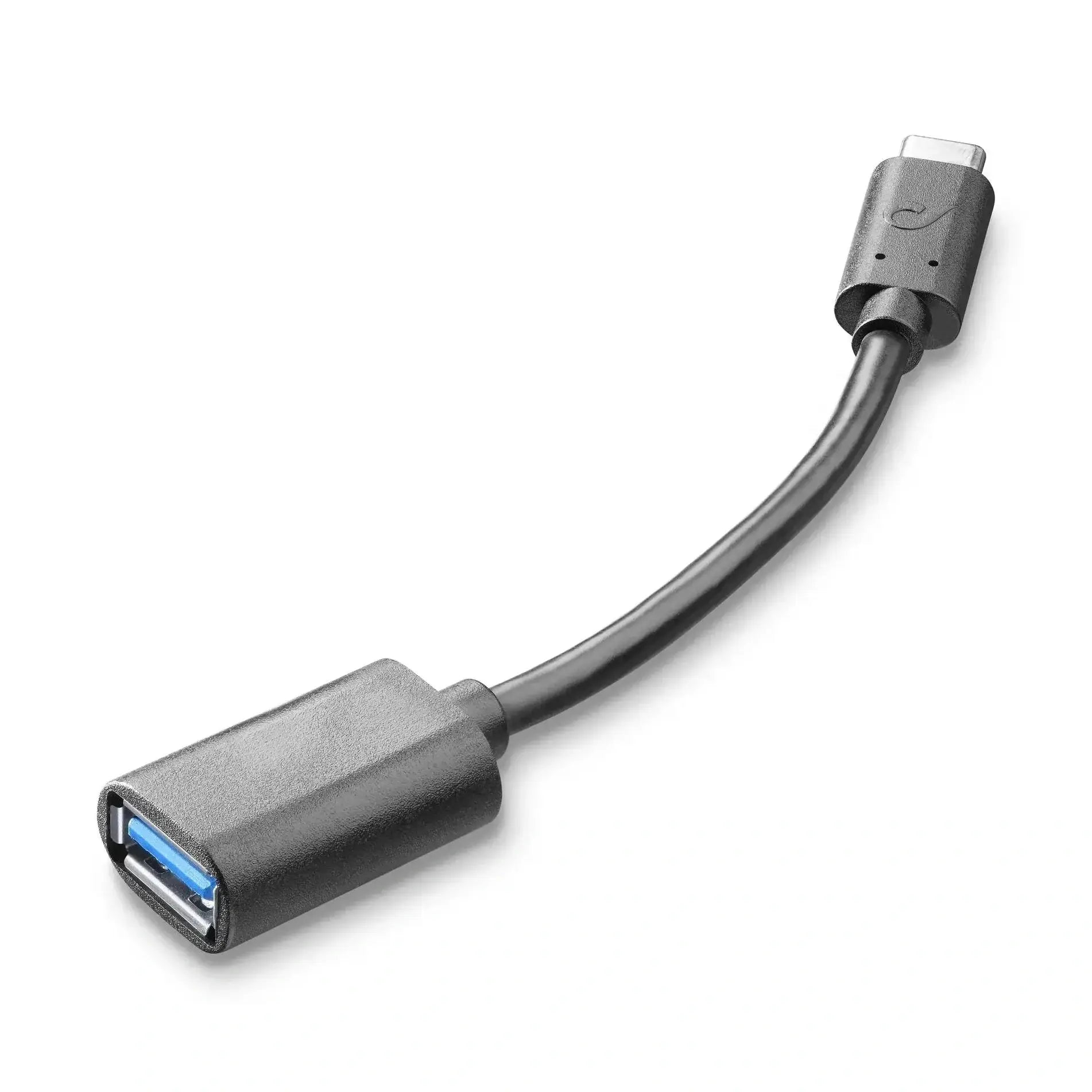Adattatore da USB a USB-C: cavo corto con connettore USB-C femmina e connettore USB-A maschio esposto, nero e compatto.