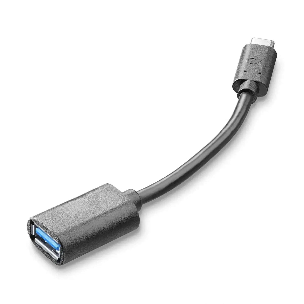 USB-zu-USB-C-Adapter: kurzes Kabel mit USB-C-Buchse und freiliegendem USB-A-Stecker, schwarz und kompakt.