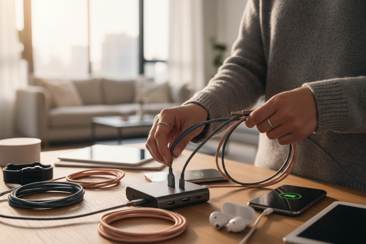 persona con cavi di ricarica smartphone