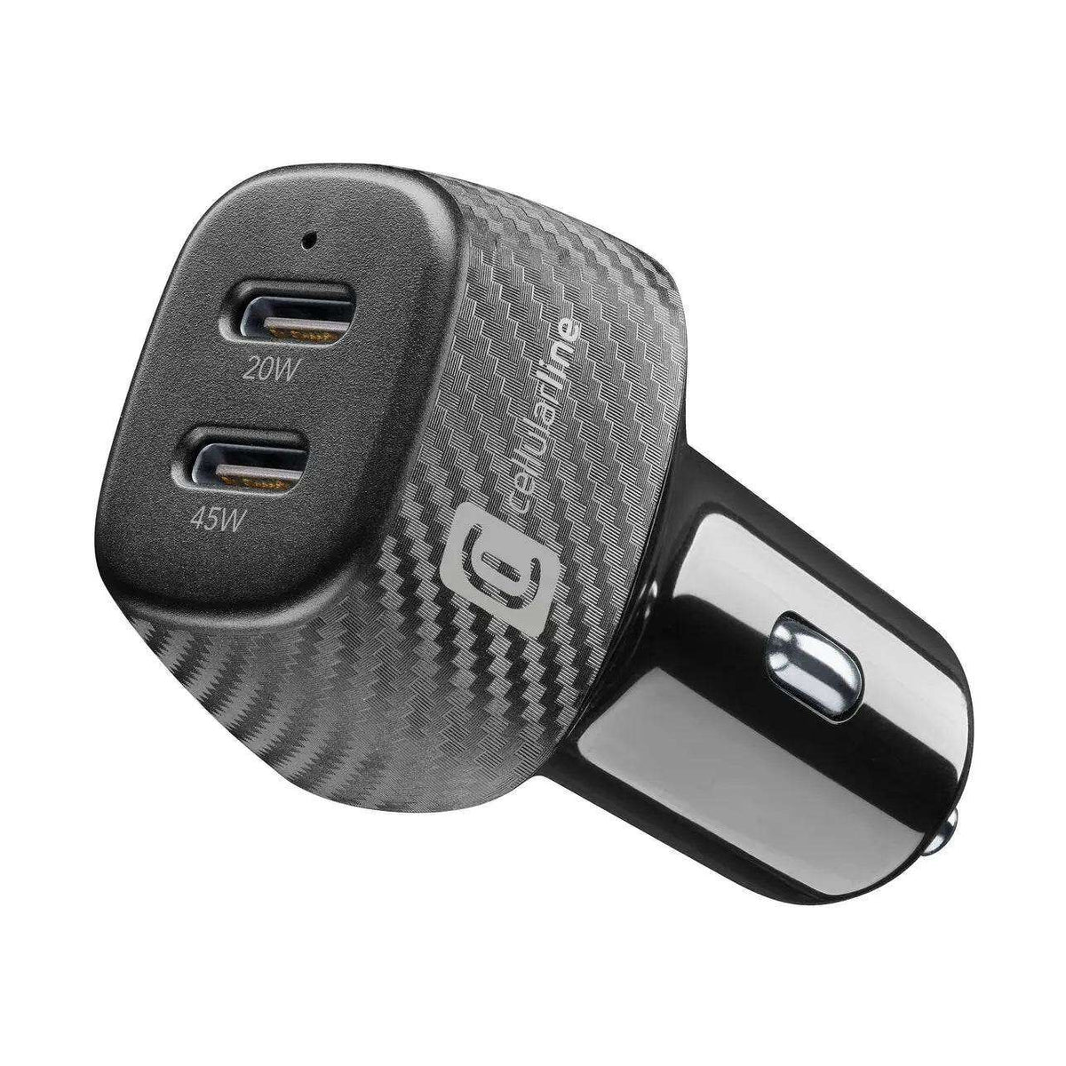 Dual-port car charger, 65 W, black with a coiled cable, carbon look display and two USB ports, 20W and 45W.