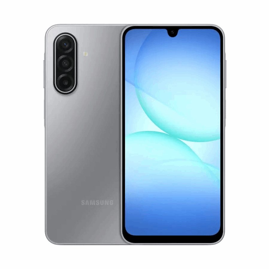 Galaxy A17 5G: smartphone con batteria a lunga durata vista frontale e retro grigio, modulo fotocamera verticale sul retro