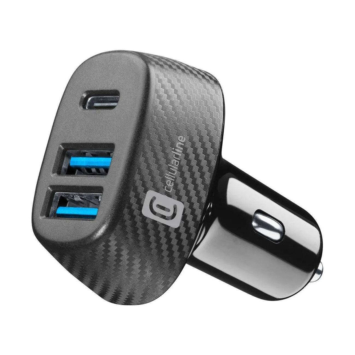Fast 3-port car charger: USB-A and USB-C adapter mounted on a car plug, black body with carbon fibre pattern.