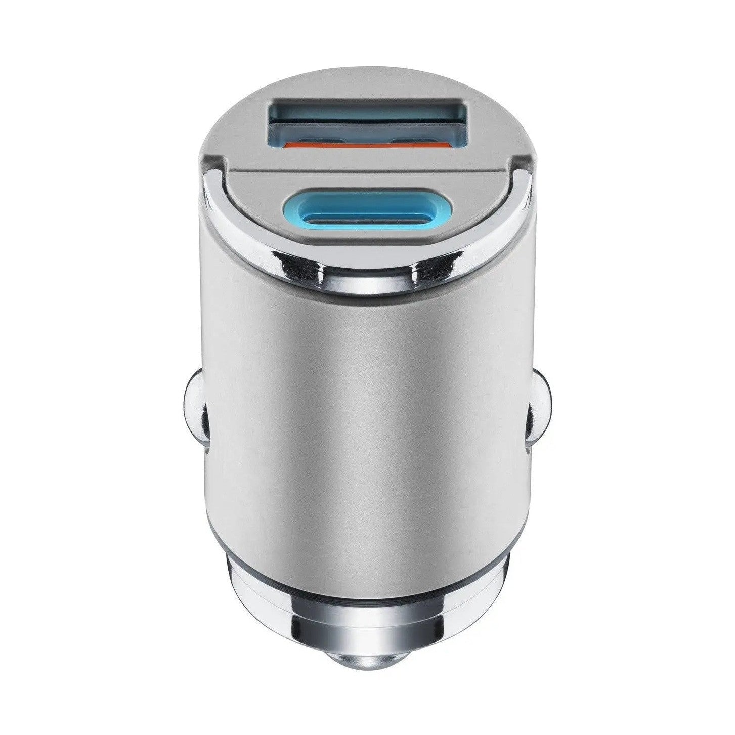 Caricabatterie da auto mini 2 porte, 30W: adattatore USB-C e USB-A in corpo cilindrico in metallo cromato.