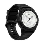 Kospet Tank S2 black smartwatch with silicone strap, white circular display, analogue dials and rugged markings, marching sports style.