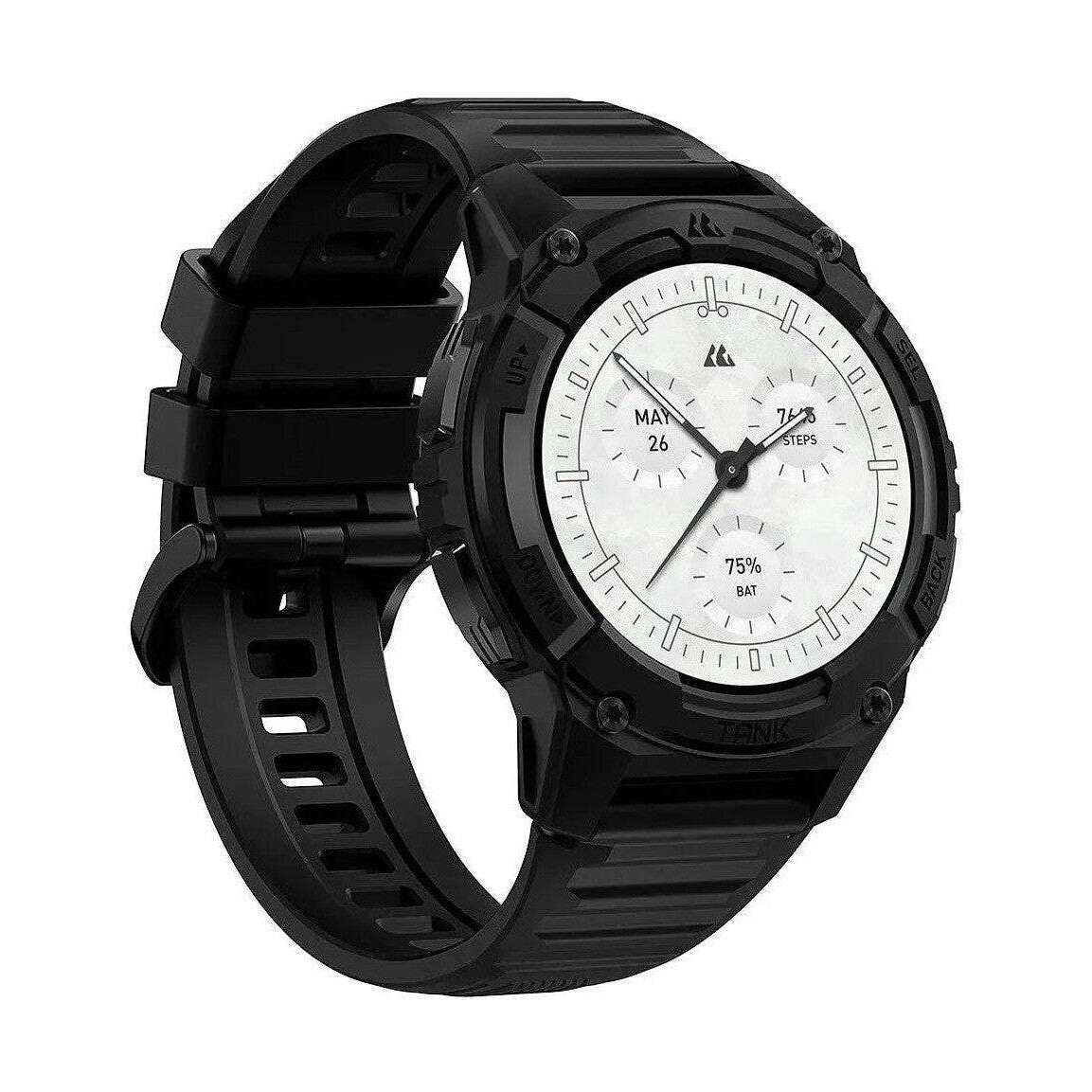 Kospet Tank S2 black smartwatch with silicone strap, white circular display, analogue dials and rugged markings, marching sports style.