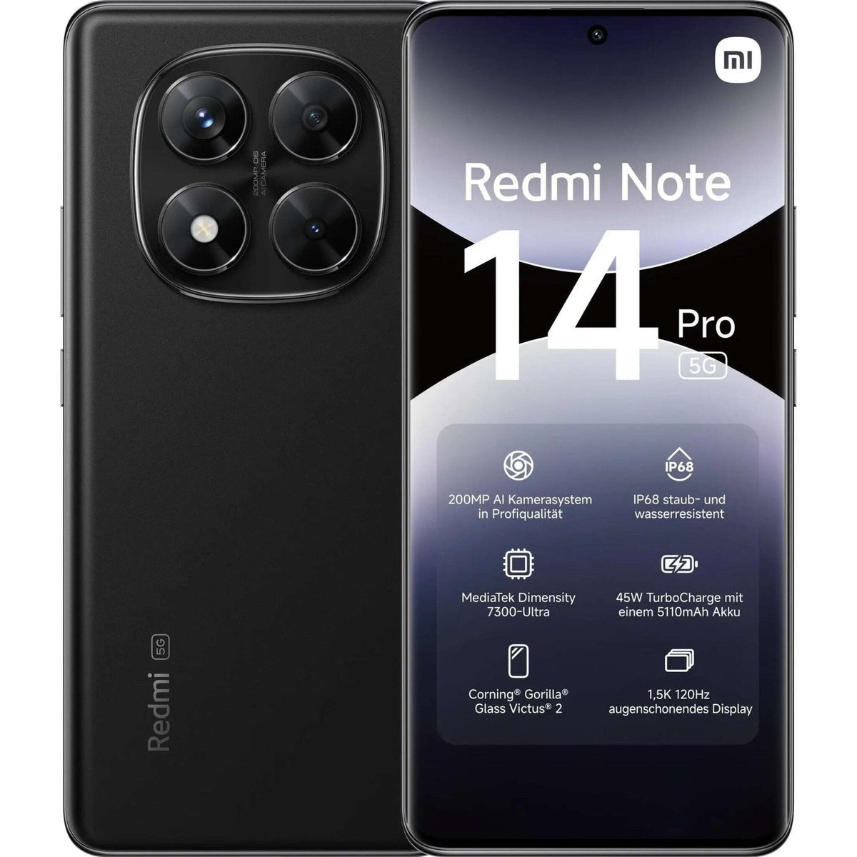 Shoppa Smartphone Xiaomi Redmi Note 14 Pro 5G in Schwarz mit gebogenem Display und 200MP-Kamera